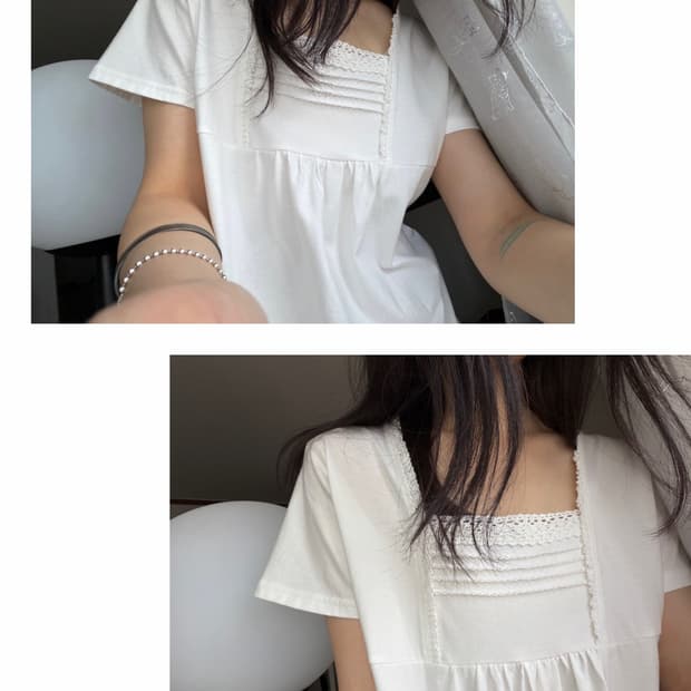 square-neck lace pintuck t-shirt