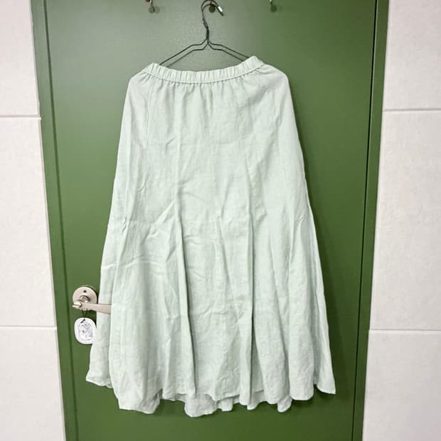 일본 빈티지 민트 그린 린넨 핀턱 롱스커트