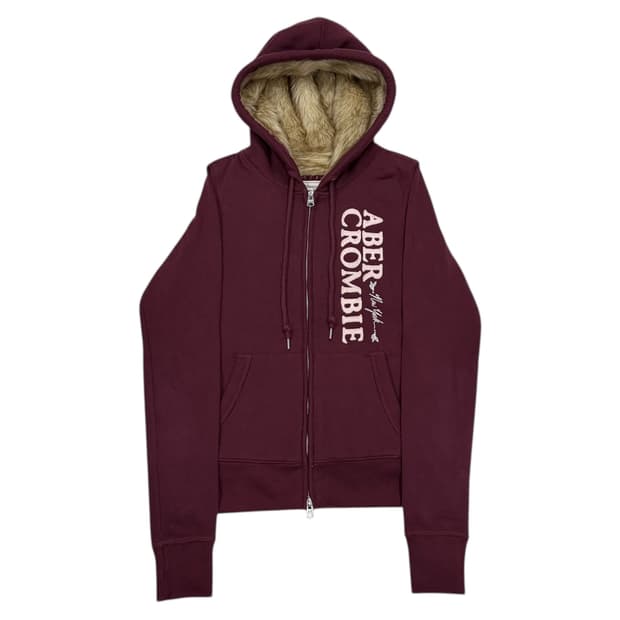 아베크롬비 빈티지 희귀 Y2K 딱붙핏 퍼 후드집업 자켓 버건디 레드 S