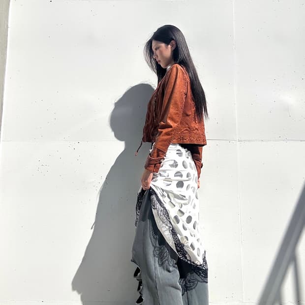 Stud short leather jacket / orange brown