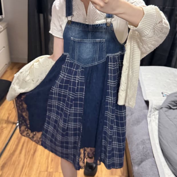 배색 데님 원피스