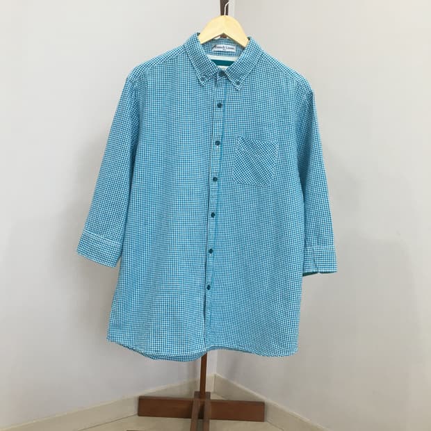 jpn빈티지 하늘체크패턴 7부셔츠