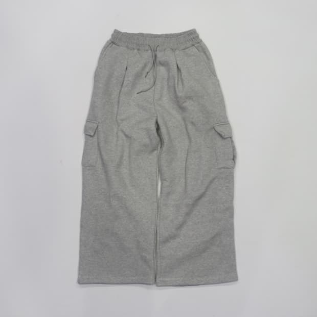 멜란지 와이드 핏 기모 밴딩 카고 스웻 팬츠