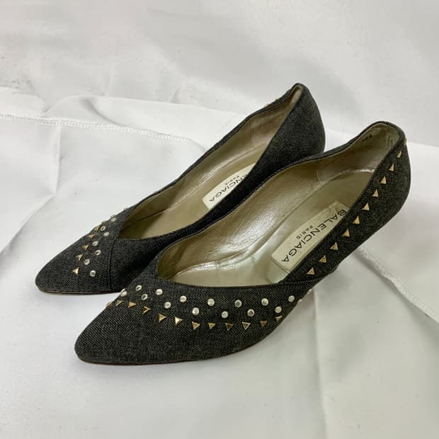 발렌시아가 흑청 데님 스터드 힐 펌프스 225mm 35반 빈티지 구두