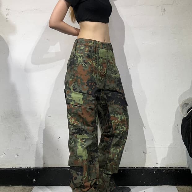 빈티지 카키 미군 카모 군복 밀리터리 와이드 카고 팬츠 