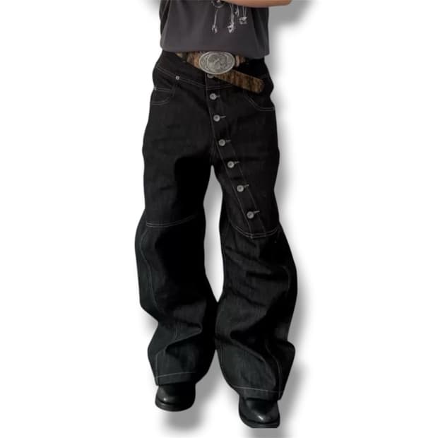 Vintage mood curved  button denim pants