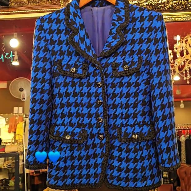 블루 하운드체크 빈티지 트위드