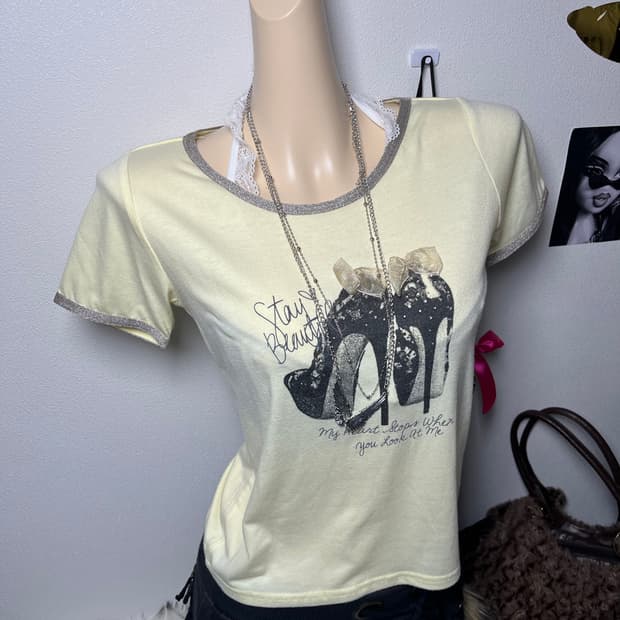 빈티지 로맨틱 갸루 연노랑 구두 프린팅 반팔티