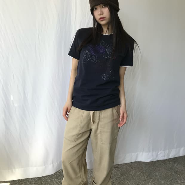 베이지 롤업 코튼 팬츠 