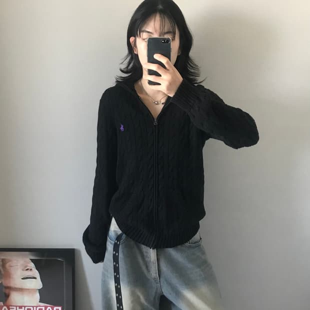 폴로 랄프로렌 포니 로고 블랙 케이블 니트 후드집업