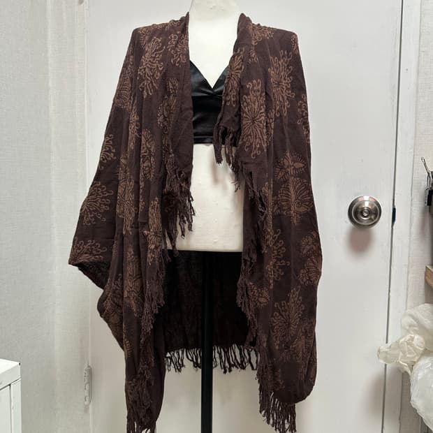 에스닉 브라운 자카드 프린지 가디건