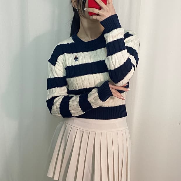 후아유 꽈배기 스트라이프 니트