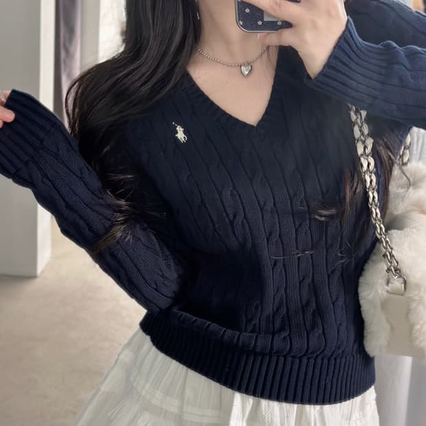 폴로 랄프로렌 네이비 V넥 케이블 니트 