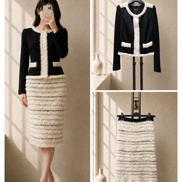 FENDI 런웨이 컬렉션 블랙 & 아이보리 부클레 자켓 + 스커트 셋업