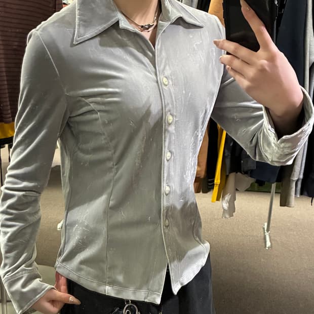 OS)Christian Aujard 빈티지 여성 그레이 벨벳 브이넥 셔츠