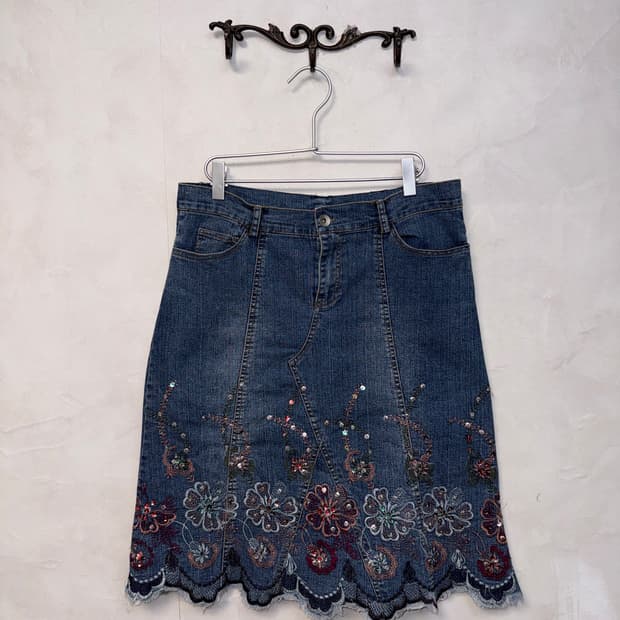 Denim fairy flower cubic midi skirt