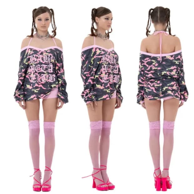 (즉입/구매) 베이비메탈클럽 베메클 네온 핑키 카모 티 오프숄더