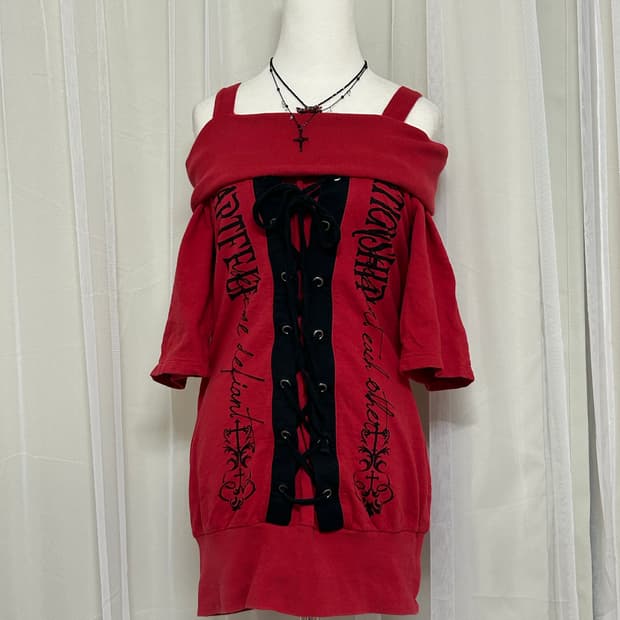 고스트오브할렘 날개 프린팅 오프숄더 탑 펑크 고스