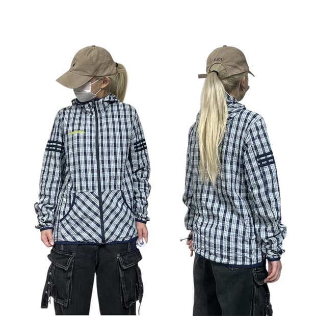 아디다스 체크 후드 점퍼 바람막이 면 자켓 M