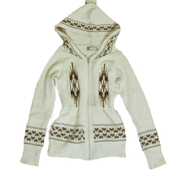 빈티지 아이보리 후드 니트 폼폼이 집업 노르딕 패턴 모리걸하구미히피니혼진