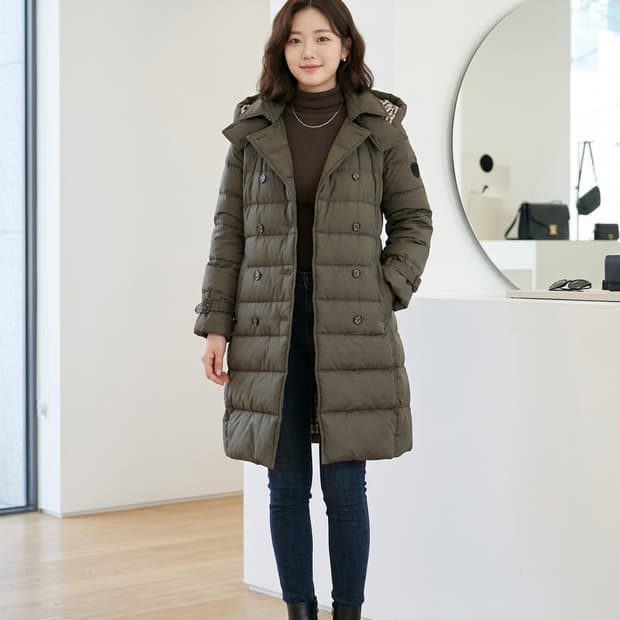 아쿠아스큐텀 시그니처 클럽체크 구스다운 더블 롱 패딩