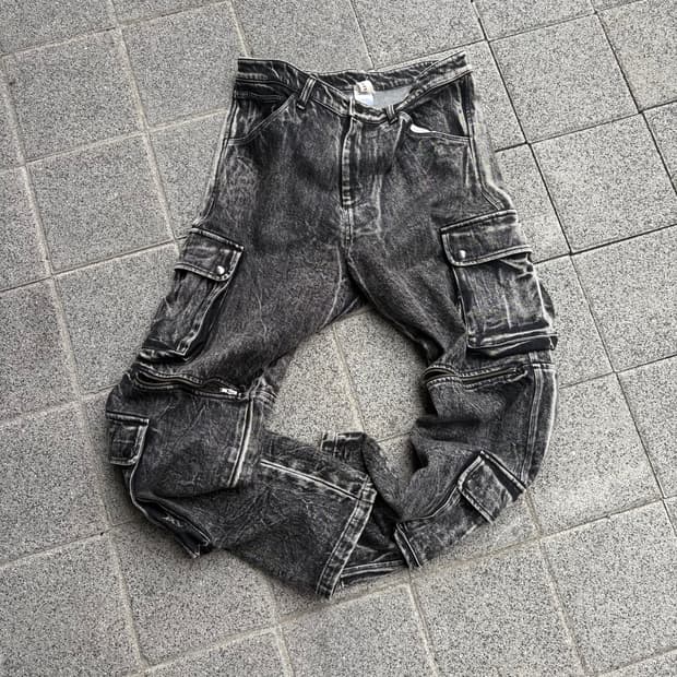 웨스트폴 애시드 워시 더블 카고 데님 팬츠