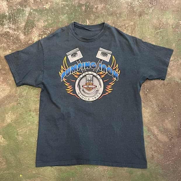 90's [2XL] 할리데이비슨 펌핑아이언 그래픽 싱글스티치 티셔츠
