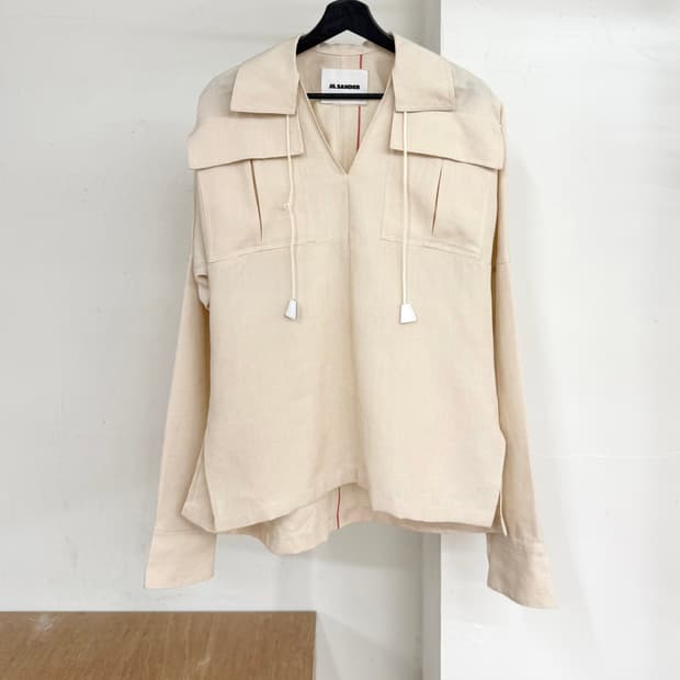 질 샌더 베이지 리넨 스트링 셔츠