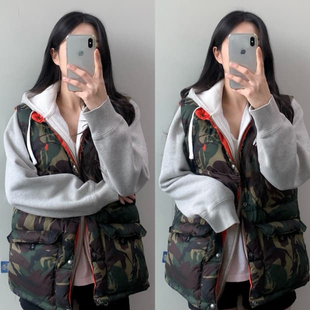 폴로 카모 양면 패딩 조끼