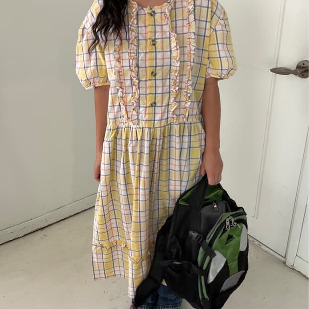 일본빈티지 하구미 체크 프릴 아방원피스