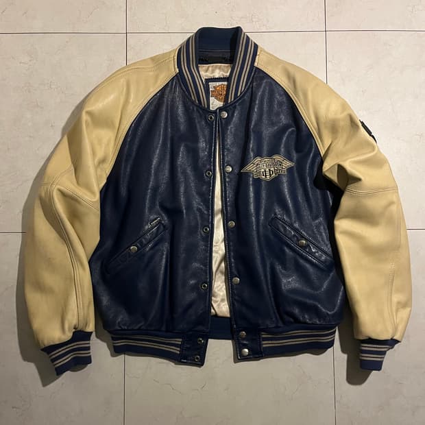 할리데이비슨 리얼 레더 블루 바시티 자켓 L