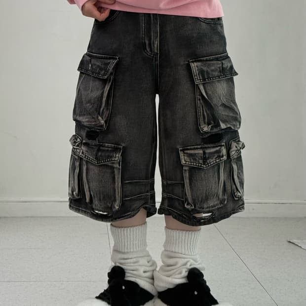 빈티지 흑청 데미지 버뮤다