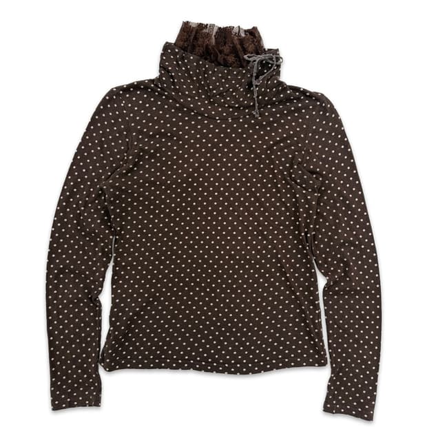 빈티지 Olive des Olive 브라운 도트 레이스 레이어드티