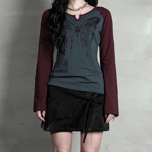 ROSE BUTTERFLY RAGLAN T-SHIRT #WINE BLUE