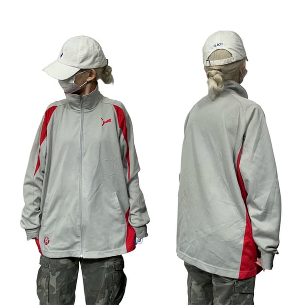 푸마 그레이 레드 배색 오버핏 트랙탑 져지