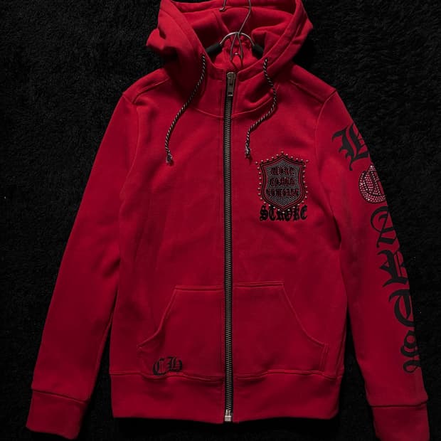 아케호무 펑크 프린팅 레터링 레드 후드집업 