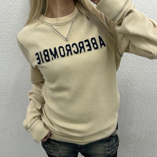 아베크롬비 네이비 패치로고 베이지 와플 롱슬리브 M