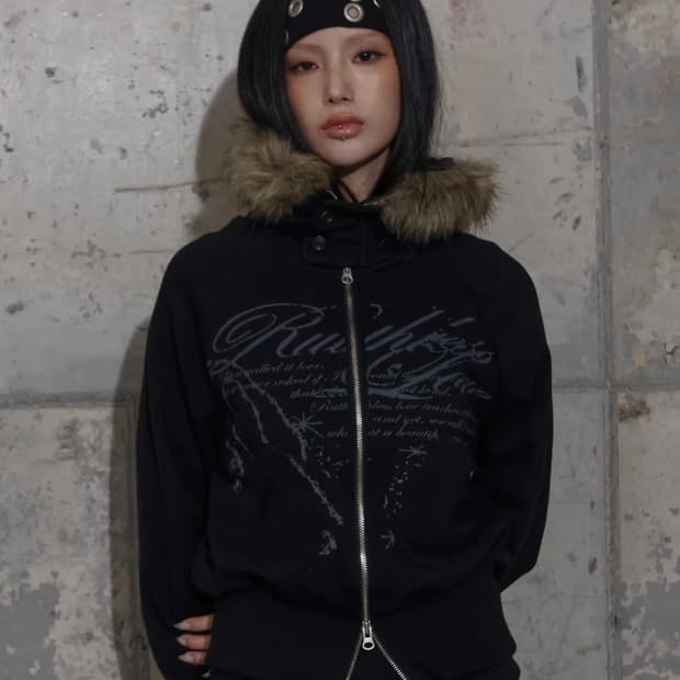 팬시클럽 블랙 루스리스 퍼 후드집업