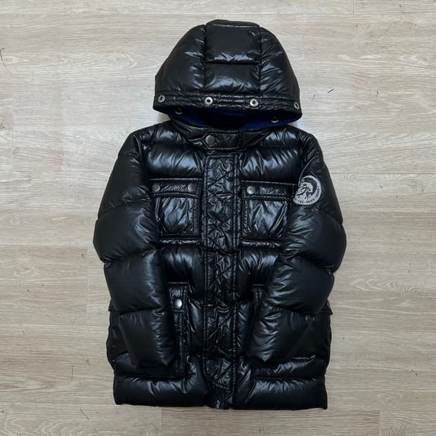 디젤 키즈 로고 패치 유광 후드 패딩 점퍼 [블랙] 6세