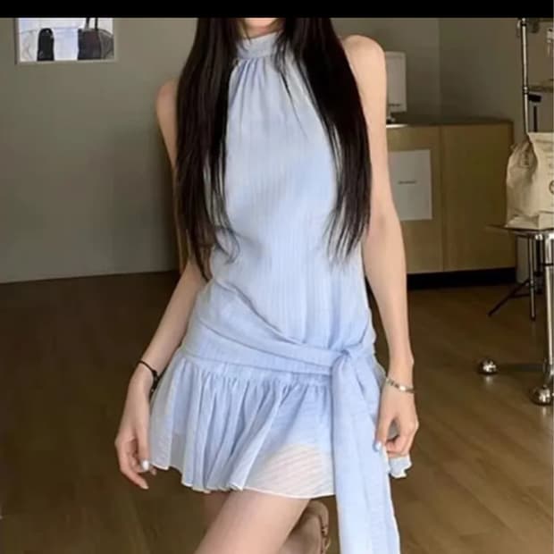 여성 여름 민소매 타이 리본 미니 나시 홀터넥 원피스 클럽룩 소개팅룩 데