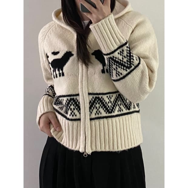 론론 알파카 자카드 니트 후드집업