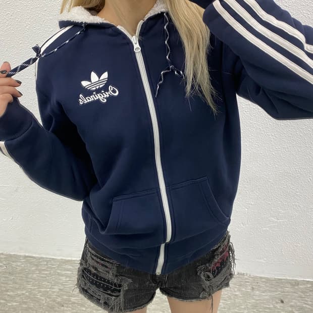 아디다스 화이트라인 뽀글이 네이비 후드집업 85