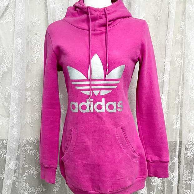 XS)아디다스 y2k 핑크 실버 롱 후디 기모 후드티