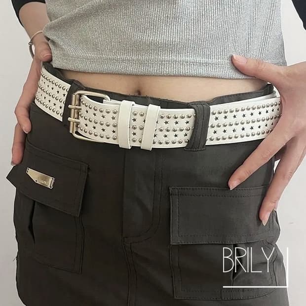 [Unisex] BELL 멀티 스터드 별 펀칭 가죽 벨트 화이트