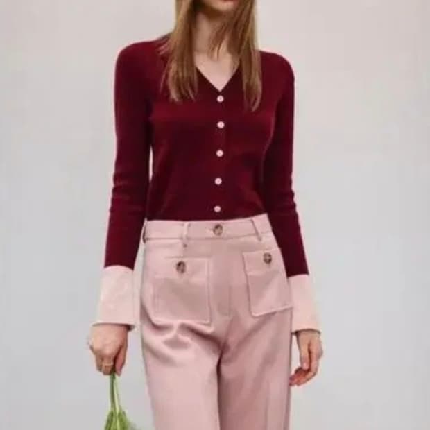 칙스라벨 로제 메리노 울 캐시미어 니트 가디건 와인 버건디