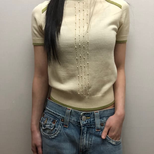 빈티지 아이보리 그린 비즈 니트