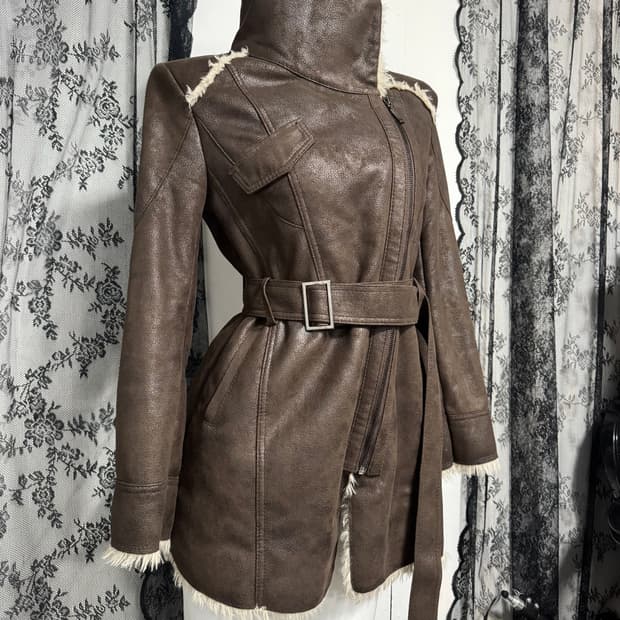 Brown long shearling jacket