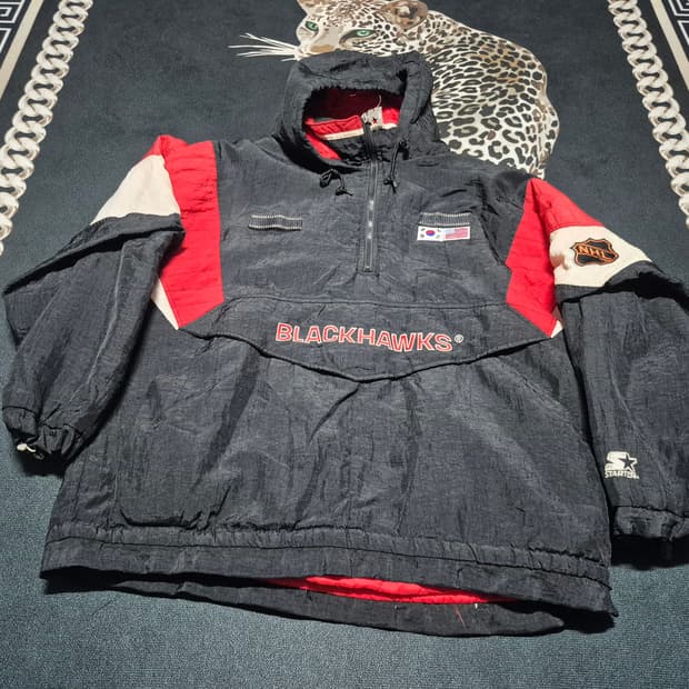 90's 스타터 X NHL 블랙 호크스 올드스쿨 하프집 아노락 XL