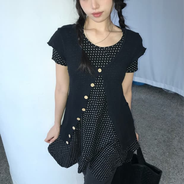 블랙 도트 언발란드 디테일 원피스