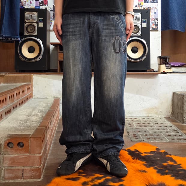 후부 진청 워싱 패치 와이드 데님 팬츠 